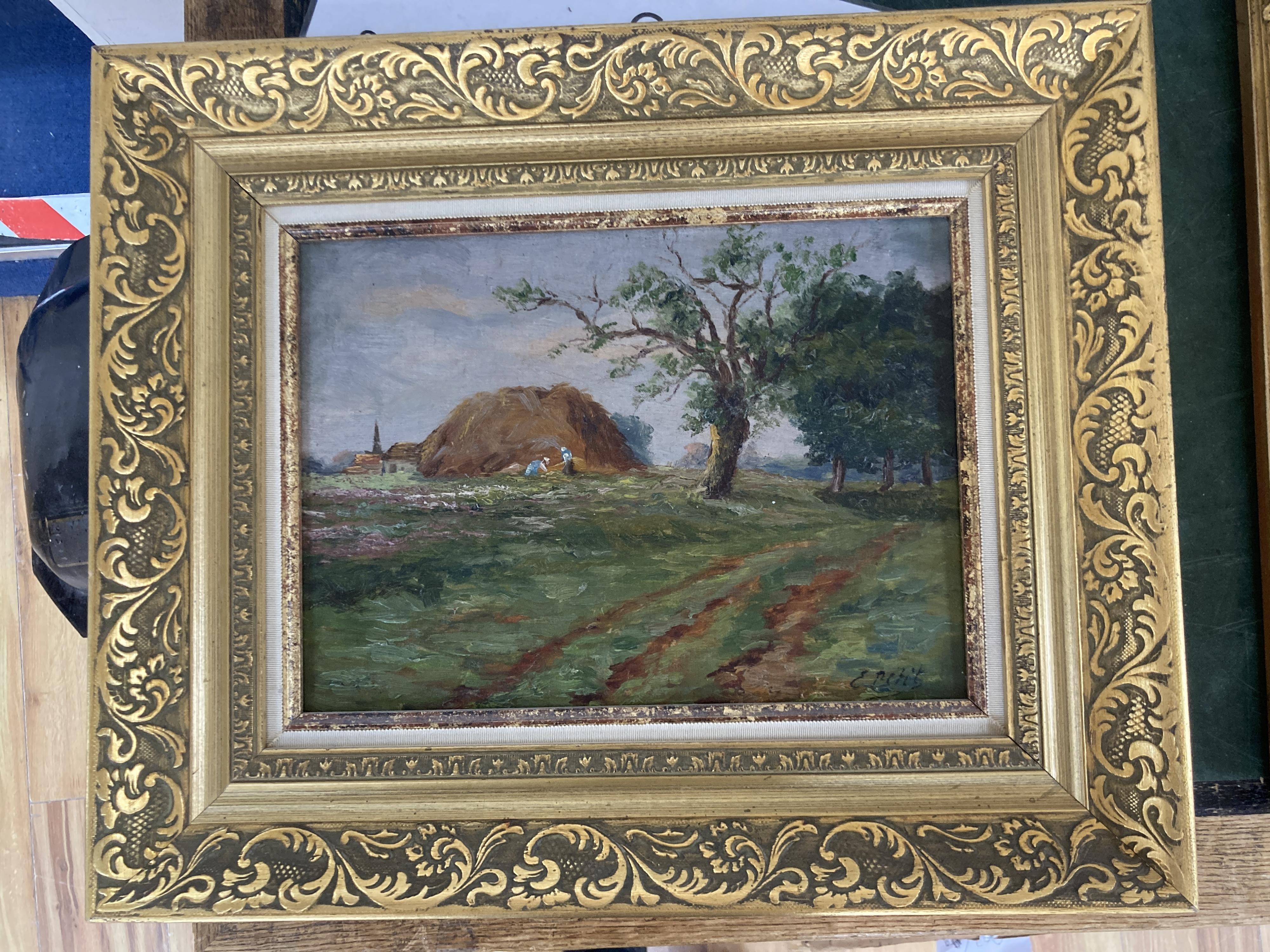 E. Petit, oil on canvas board, Landscape with figures beside a haystack, signed, 23 x 31cm